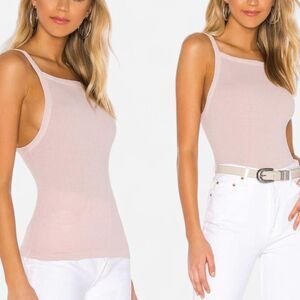 Free People Set Up Pale Pink Ribbed Square Neck Tank Top Soft Boho Crop XS